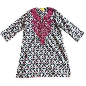 Roller Rabbit Navy White Pink Tunic 100% Cotton Long-Length 3/4 Sleeve Size XS
